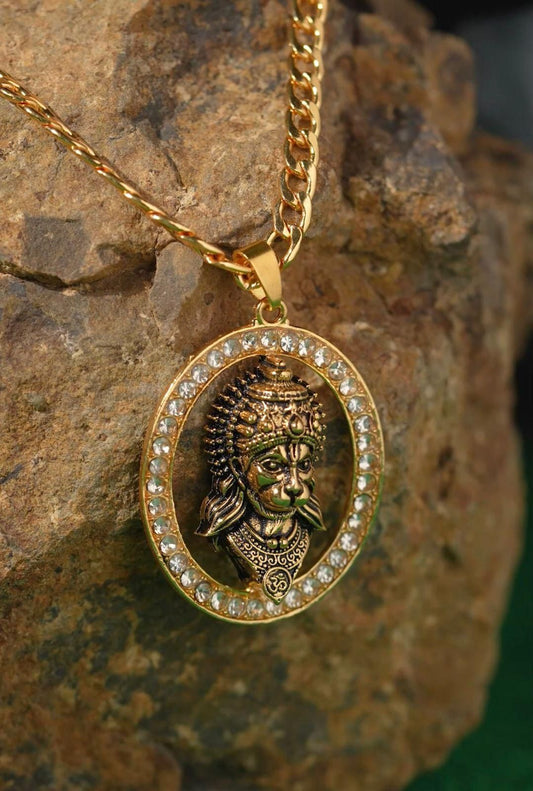 Gold-plated Hanuman Diamond Alloy Pendant Locket Set